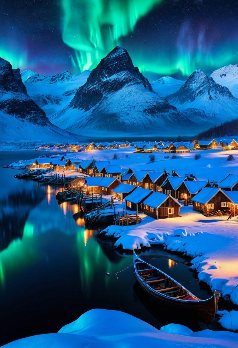 A majestic, snow-covered Viking village nestled between towering, icy mountains under the Northern Lights. Brave Viking warriors with traditional attire and longships ready for adventures are seen in the foreground. The scene exudes a sense of mystery and ancient history intertwined with breathtaking, pristine nature. super-realistic. vibrant colors.