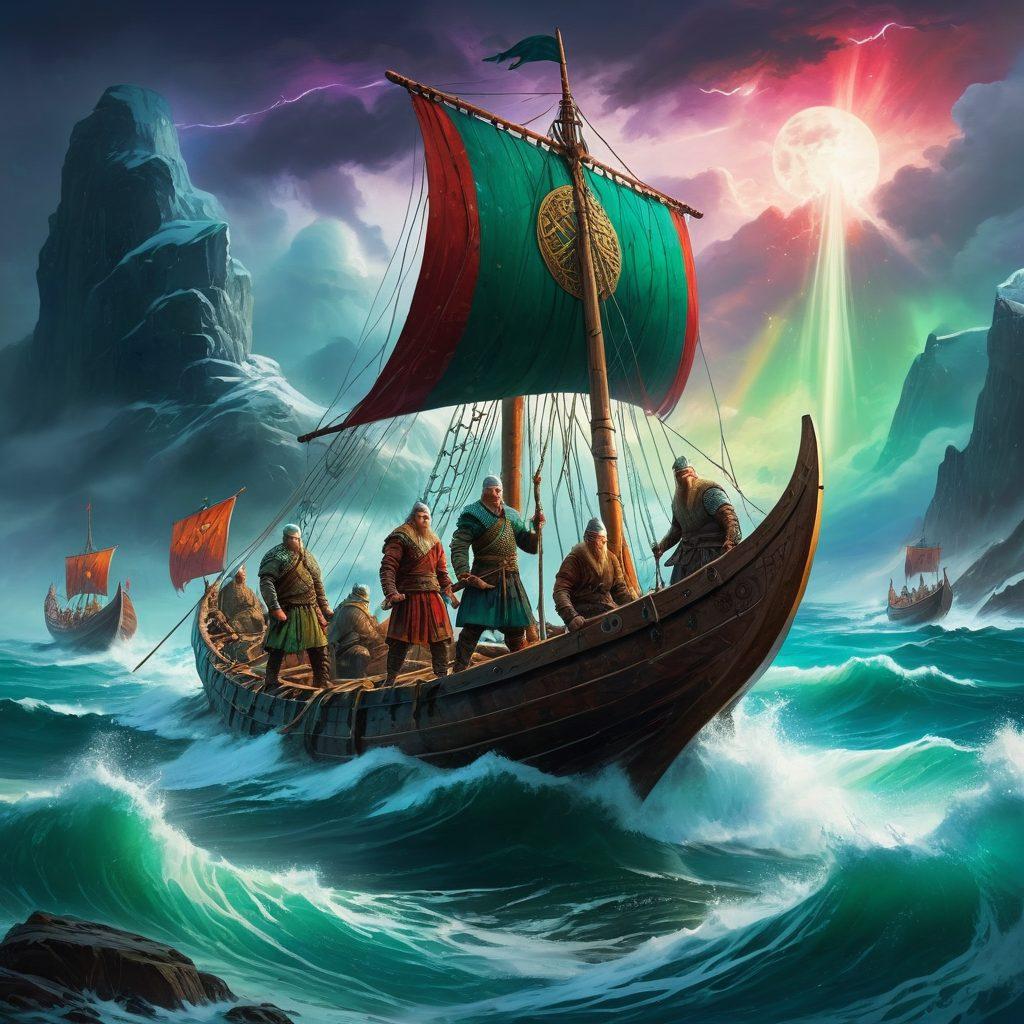 Adventure-seeking vikings on a voyage, with longships sailing across a stormy sea, and warriors clad in traditional armor exploring rugged, mystical landscapes. Include ancient Viking ruins, a vibrant northern lights sky, and villagers engaging in traditional activities. Painting style. vibrant colors. white background.